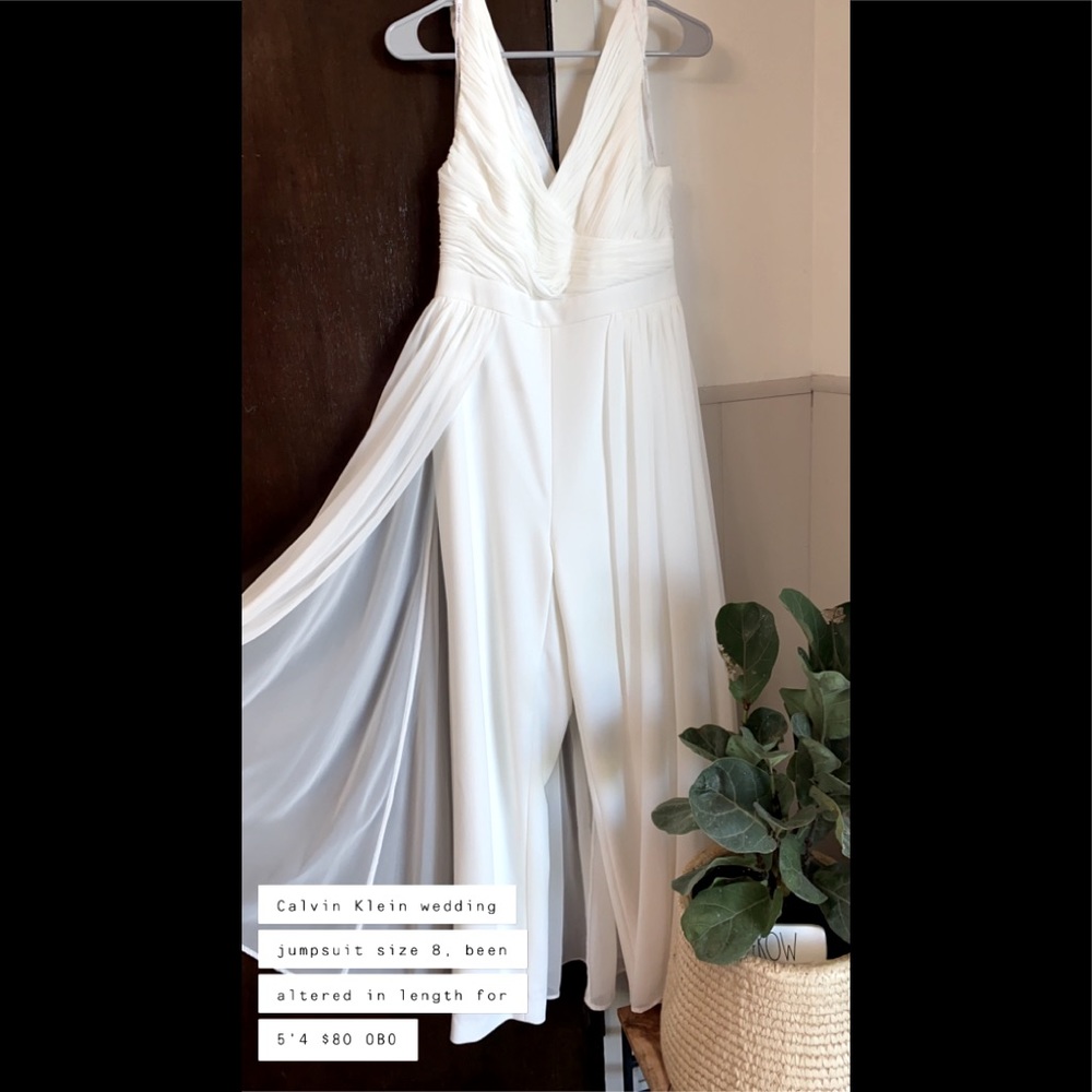 Calvin Klein White Bridal Jumpsuit with Train